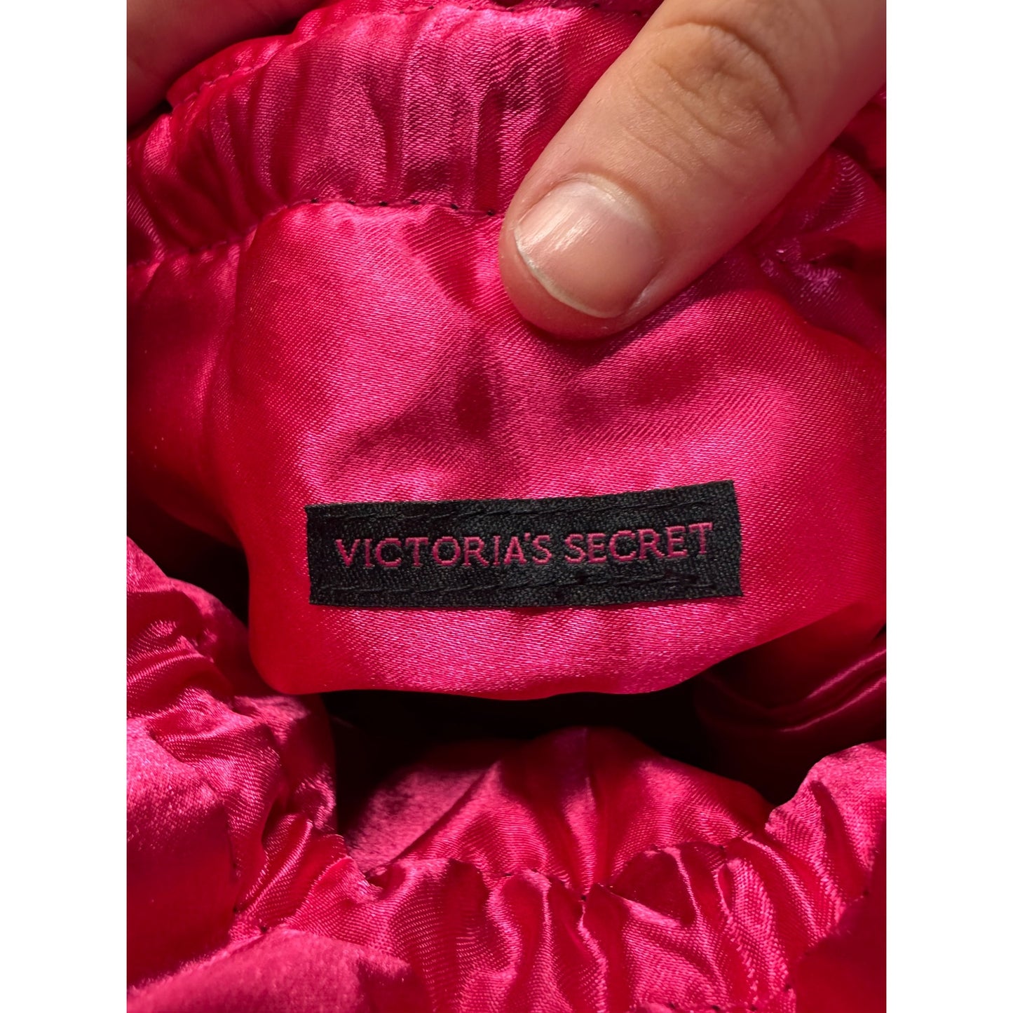 Victorias Secret Black Velvet Drawstring Bag With Rhinestones & Pink Satin #9707