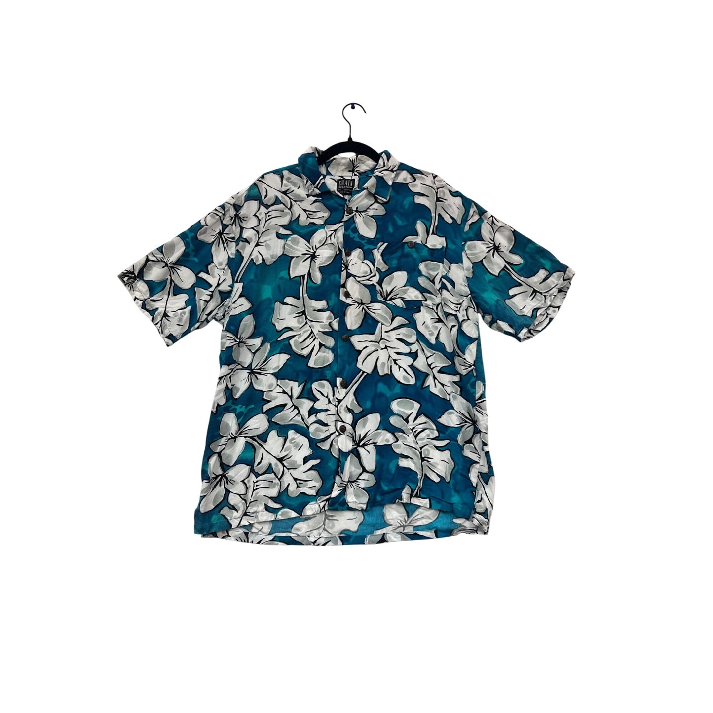 Chain Reaction Teal Blue Floral Hawaiian Shirt Short Sleeve L #512A