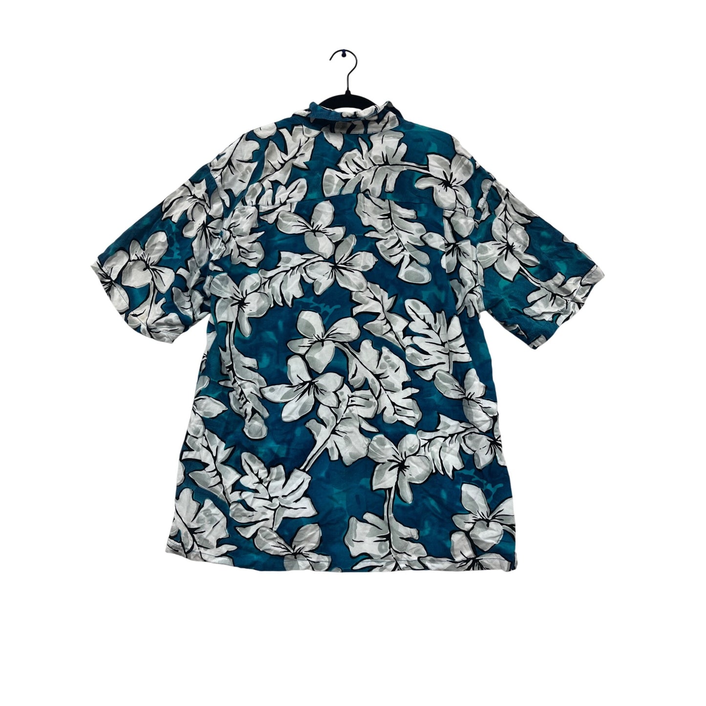 Chain Reaction Teal Blue Floral Hawaiian Shirt Short Sleeve L #512A