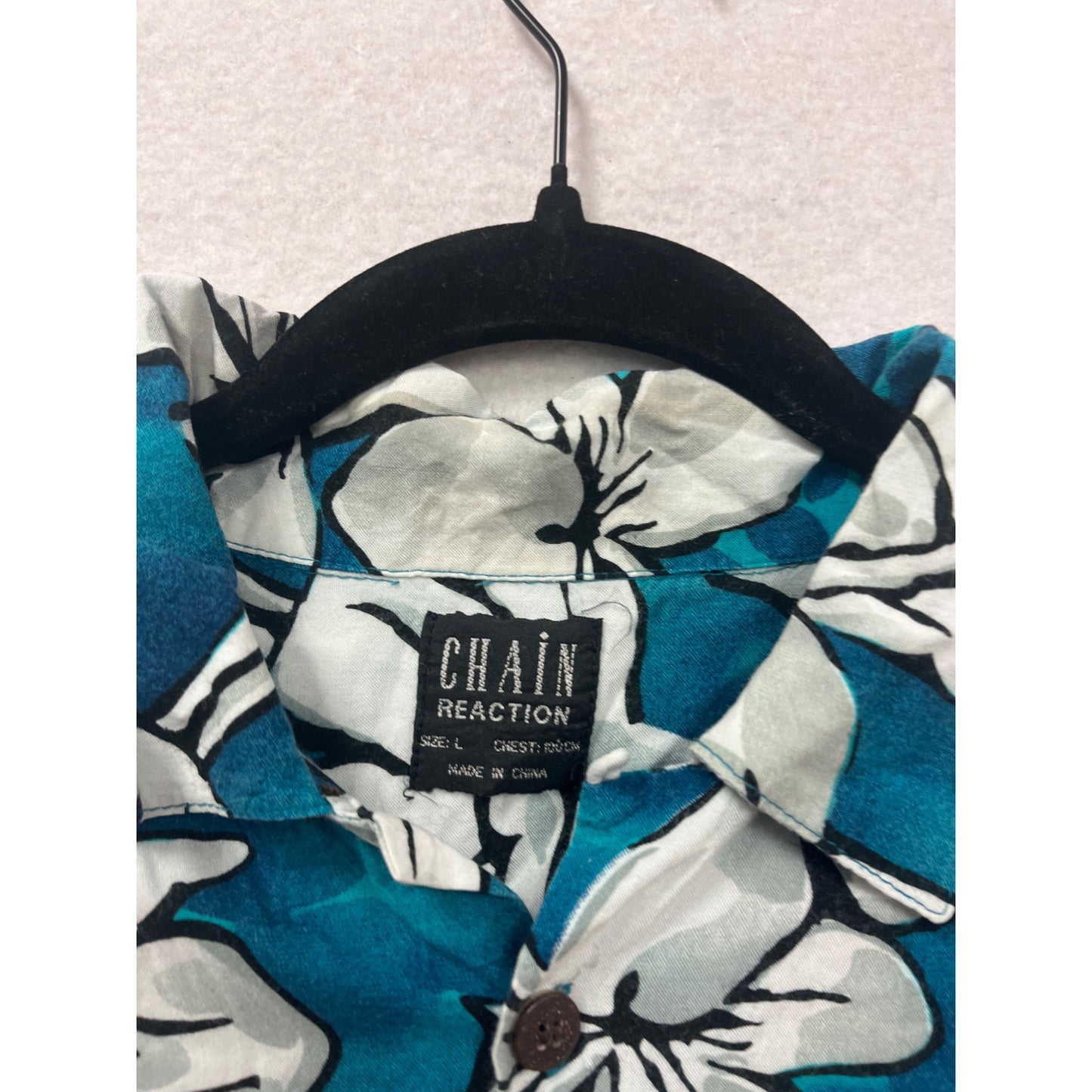 Chain Reaction Teal Blue Floral Hawaiian Shirt Short Sleeve L #512A