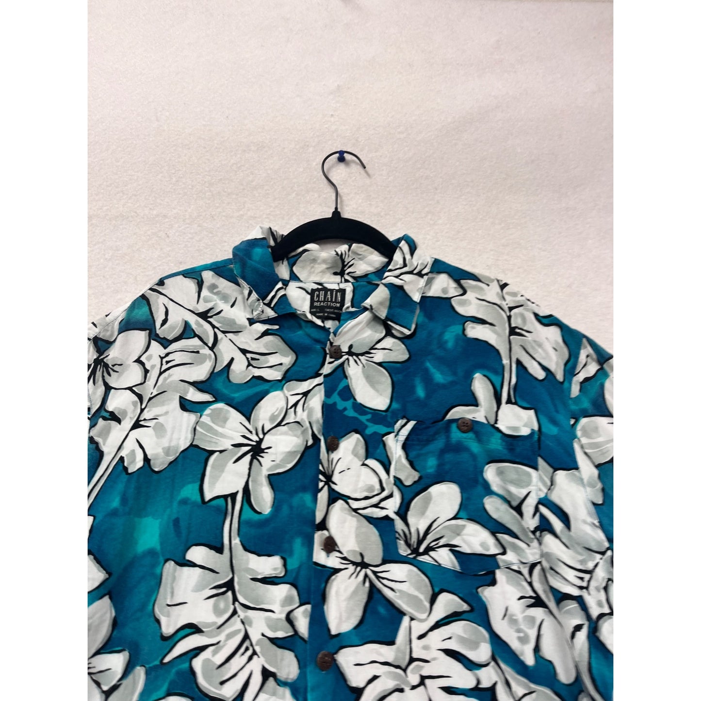 Chain Reaction Teal Blue Floral Hawaiian Shirt Short Sleeve L #512A