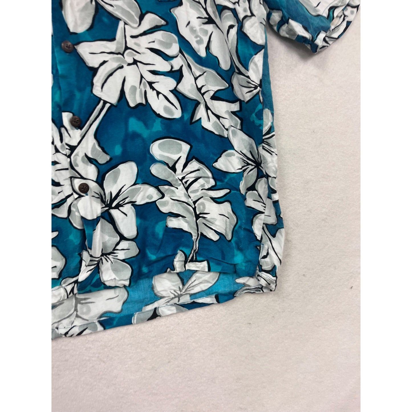 Chain Reaction Teal Blue Floral Hawaiian Shirt Short Sleeve L #512A
