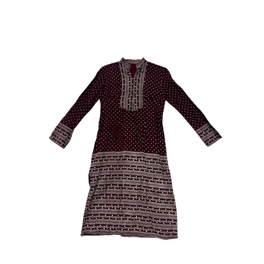 Maroon Polka Dot & Floral Print Long Sleeve Womens Small Tunic Dress #6685