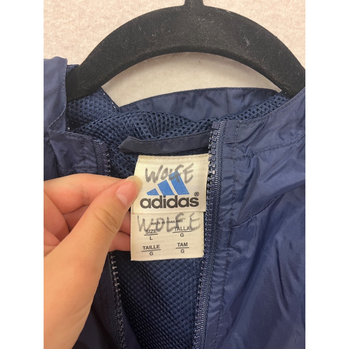 Adidas Large Navy Hooded Windbreaker Jacket #102A