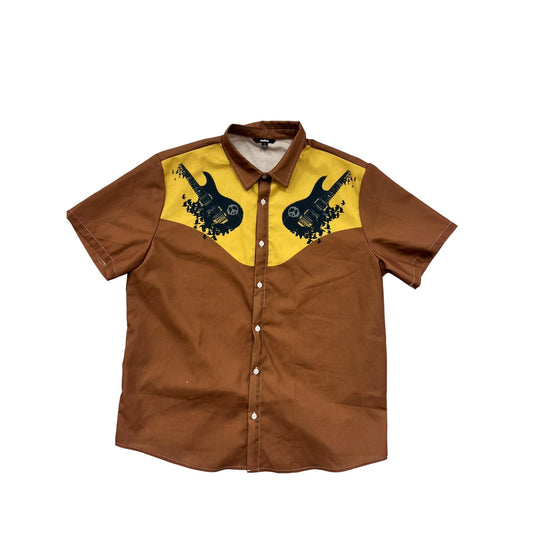 Mens XL Brown & Yellow Graphic Short Sleeve Button-Up Shirt By Ouku #6535