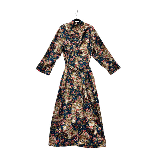 Rare Vintage Christian Dior Floral Satin Long Robe With Tie Belt & Piping Details #8020