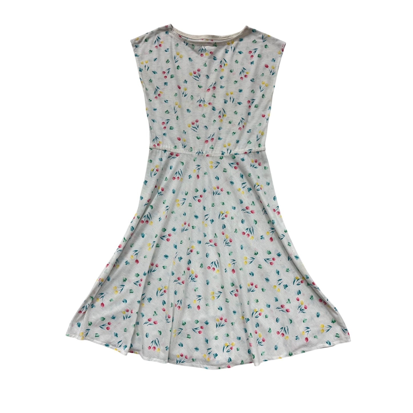 Handmade Sleeveless Floral Print White Dress For Women M/L #8343