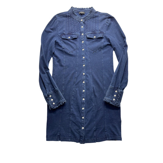 Fate Denim Button-Up Long Sleeve Dress With Ruffled Cuffs & Collar #7788