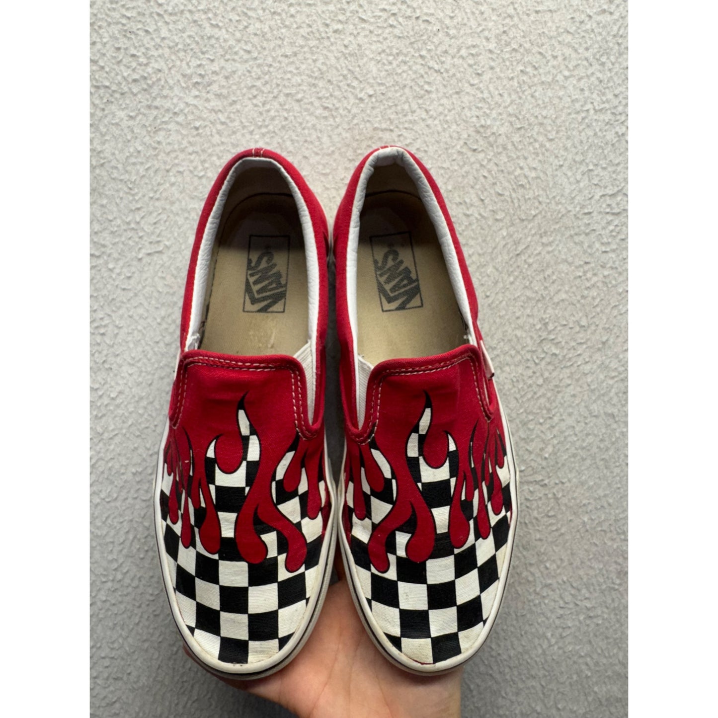 Vans Slip-On Red Flame Checkerboard Canvas Shoes Casual Skate Sneakers #9620