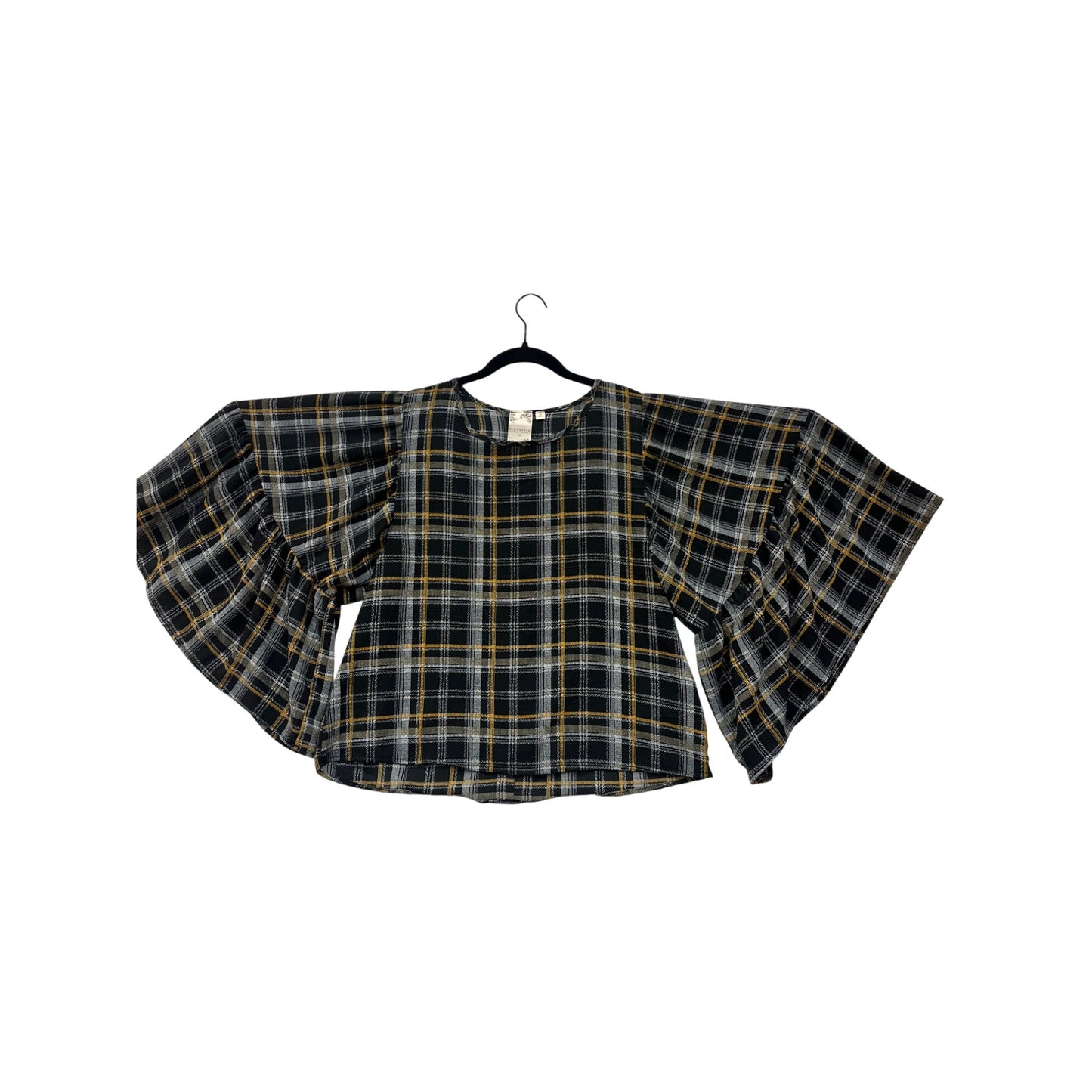 Plaid Bell Sleeve Top Womens M Blu Pepper Black/Yellow Button Back #6916