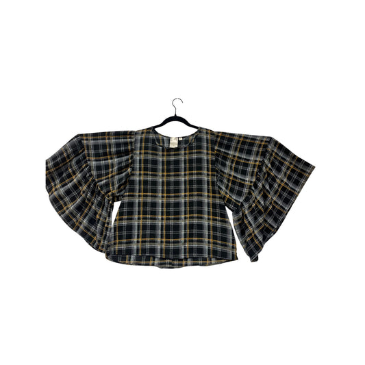 Plaid Bell Sleeve Top Womens M Blu Pepper Black/Yellow Button Back #6916