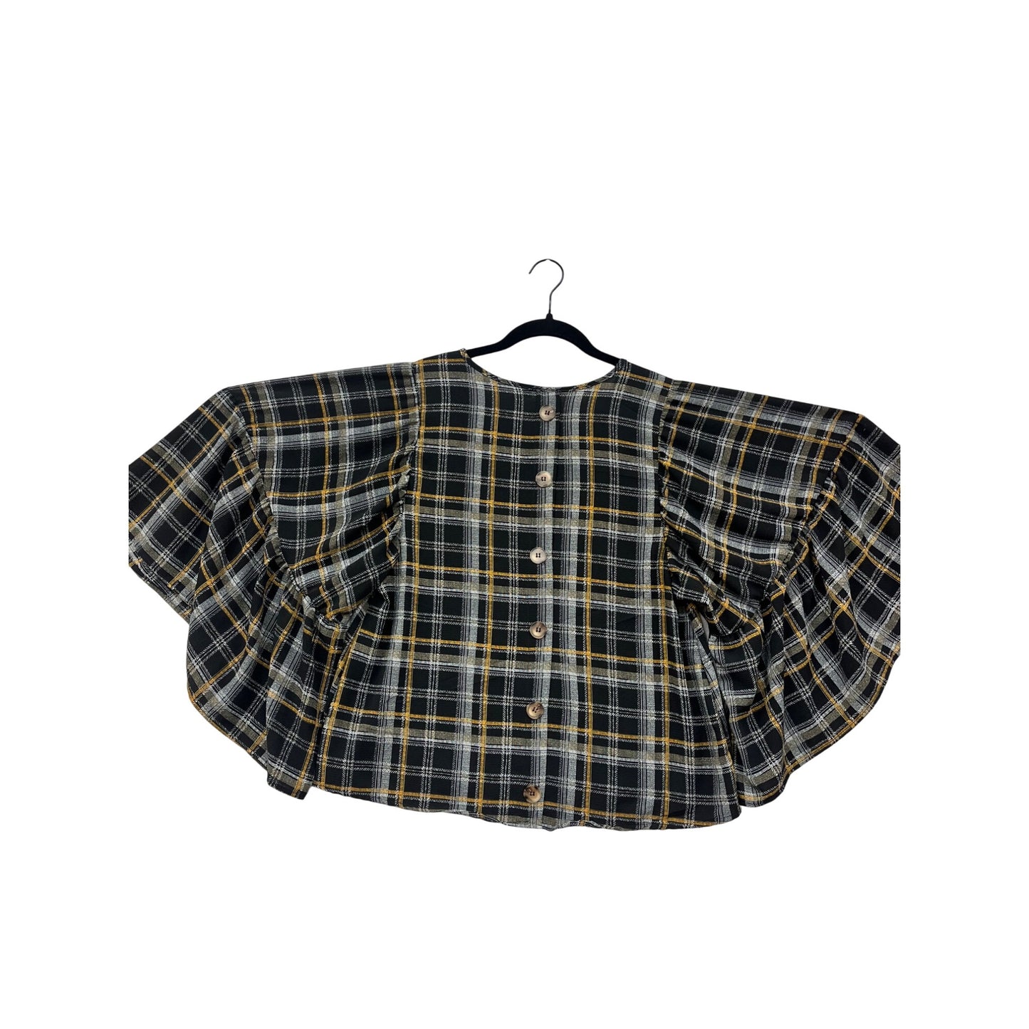 Plaid Bell Sleeve Top Womens M Blu Pepper Black/Yellow Button Back #6916
