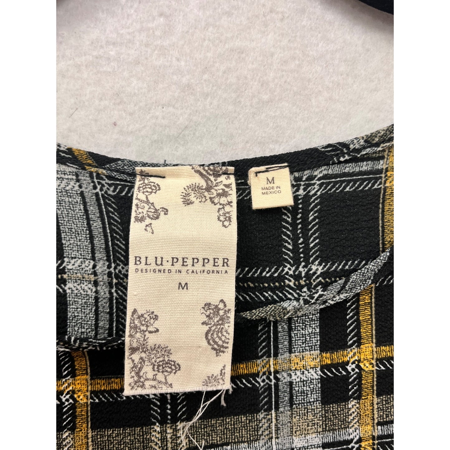 Plaid Bell Sleeve Top Womens M Blu Pepper Black/Yellow Button Back #6916