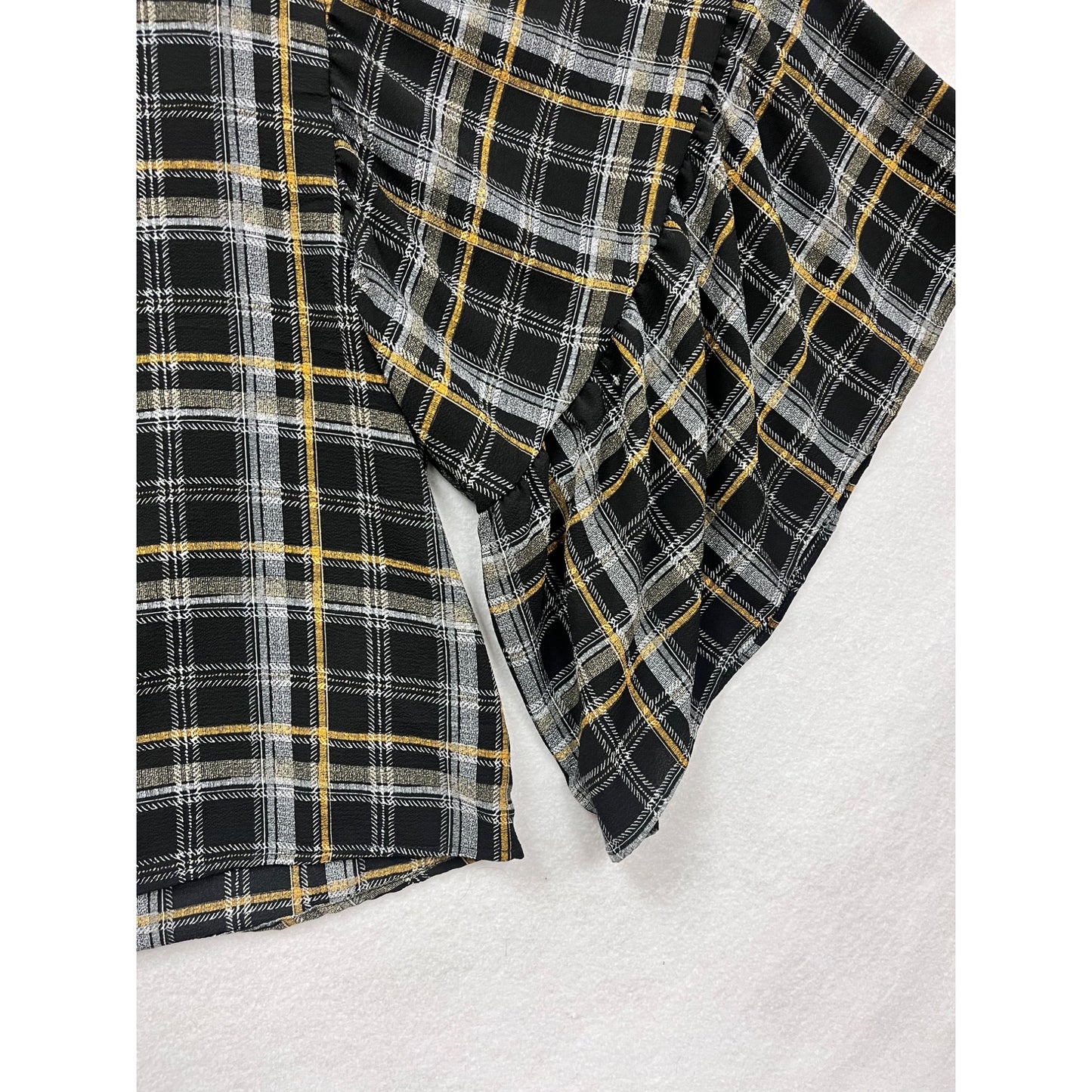 Plaid Bell Sleeve Top Womens M Blu Pepper Black/Yellow Button Back #6916