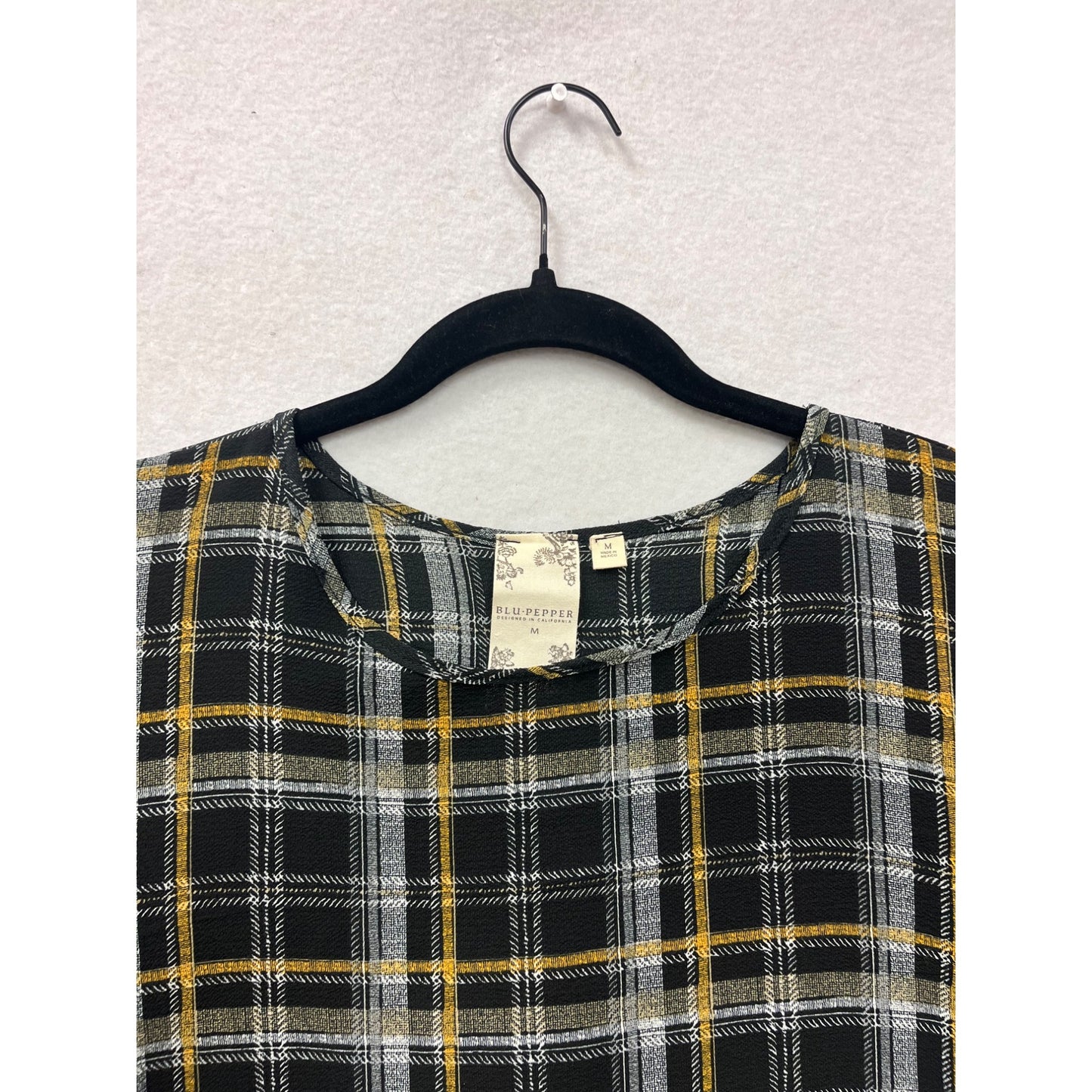 Plaid Bell Sleeve Top Womens M Blu Pepper Black/Yellow Button Back #6916