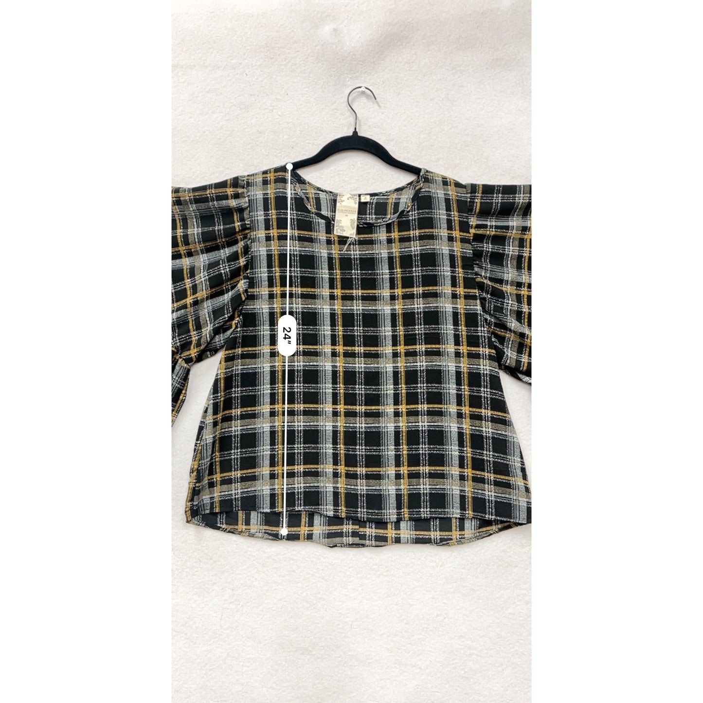 Plaid Bell Sleeve Top Womens M Blu Pepper Black/Yellow Button Back #6916