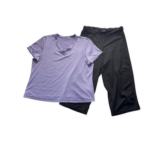 Lavender V-Neck Athletic Top & Black Wide-Leg Workout Pants Set 14/16 #9929