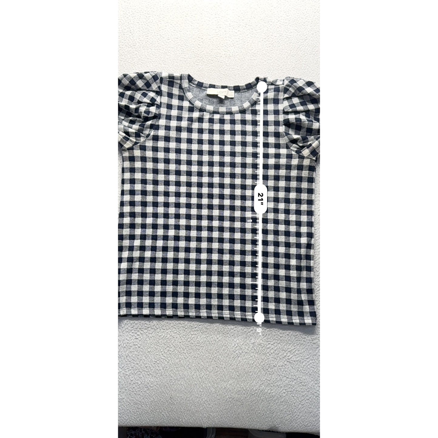 Loft Petites Navy & White Gingham Puff Sleeve Top Size SP 220B