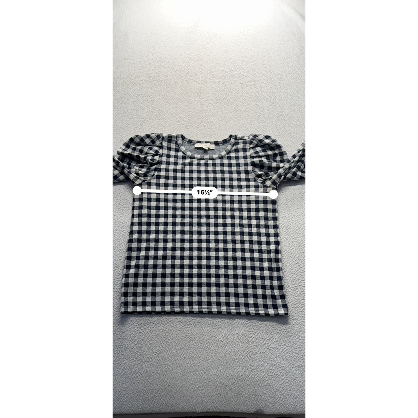 Loft Petites Navy & White Gingham Puff Sleeve Top Size SP 220B