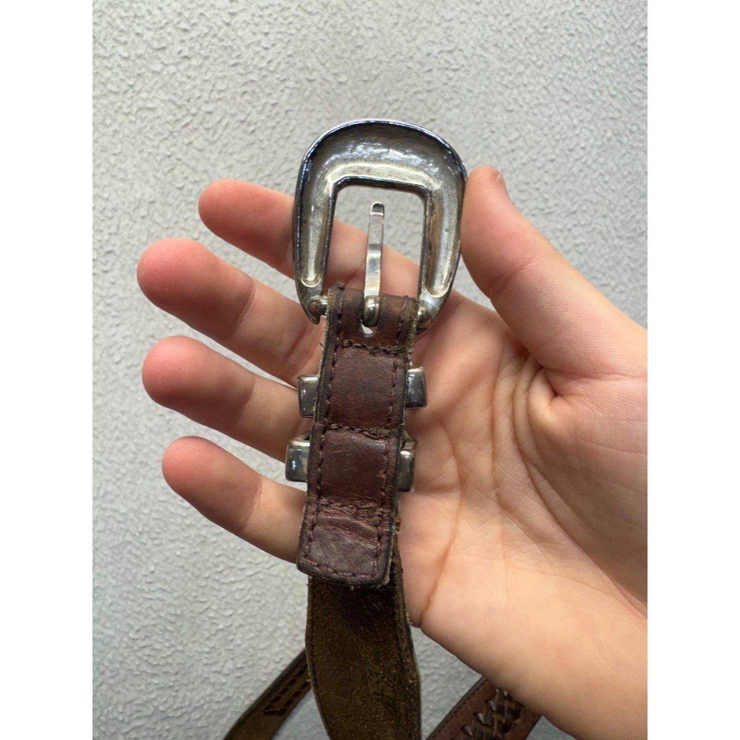 Vintage Tooled Leather Belt With Silver Buckle And Conchos Brown #9884