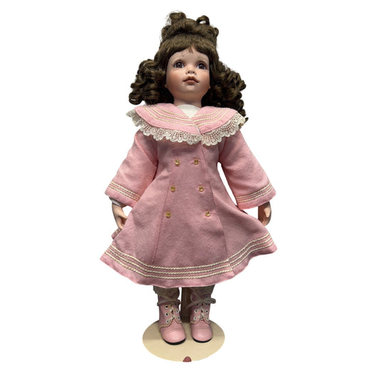 Porcelain Doll In Pink Coat W/ Lace Details & Boots On Stand 426B