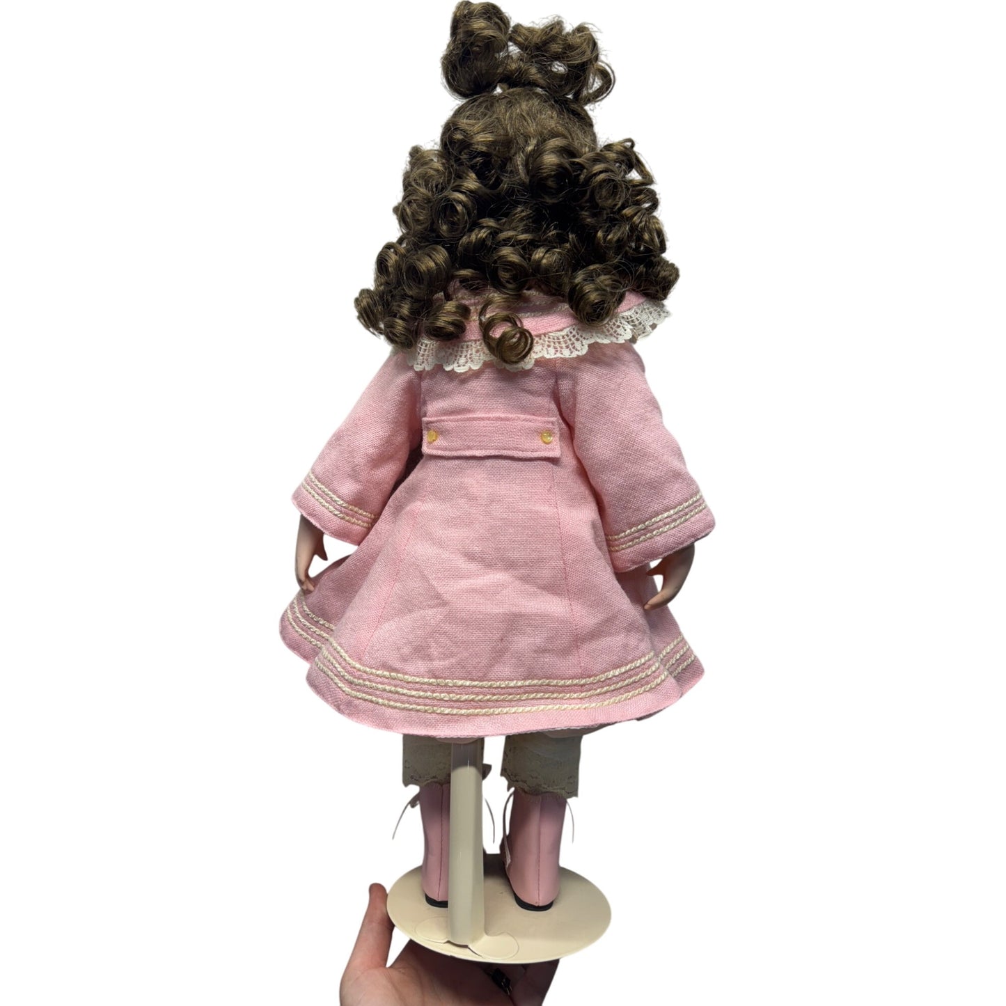 Porcelain Doll In Pink Coat W/ Lace Details & Boots On Stand 426B