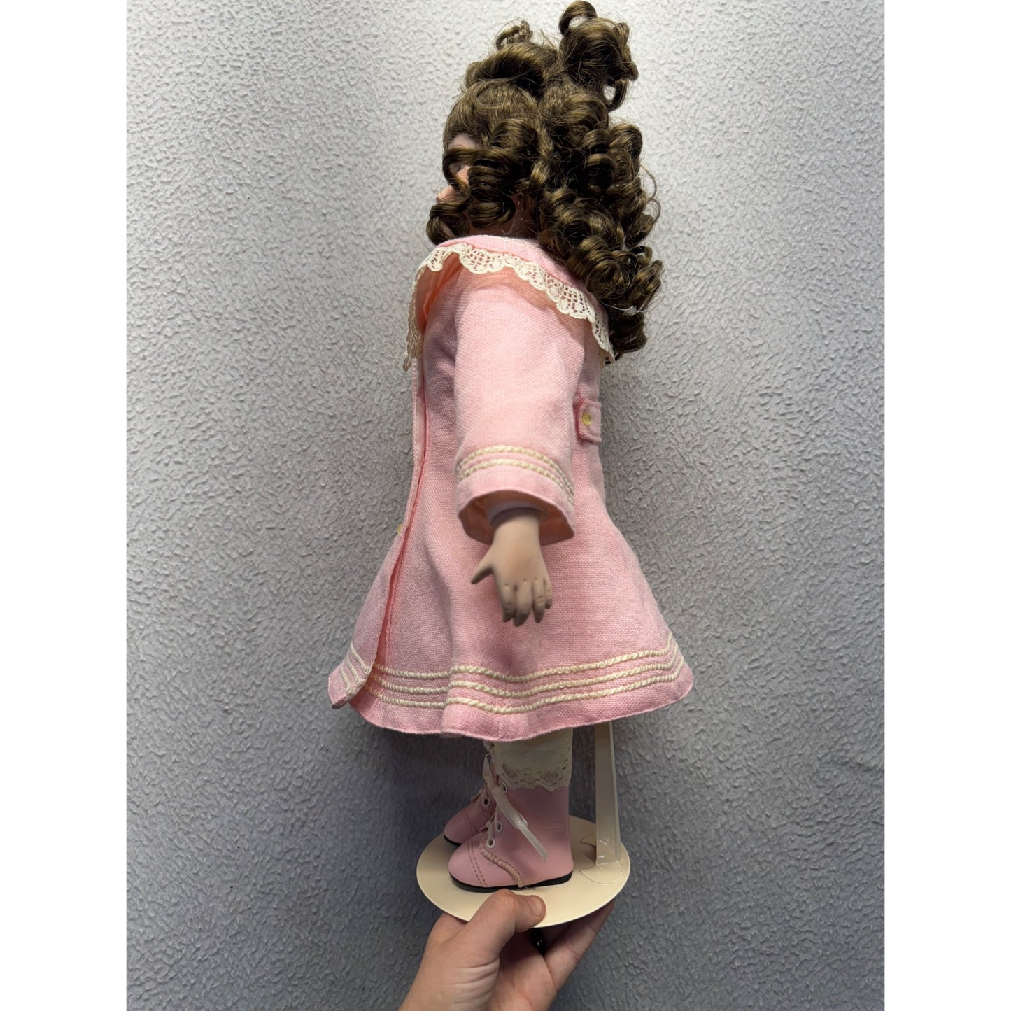 Porcelain Doll In Pink Coat W/ Lace Details & Boots On Stand 426B