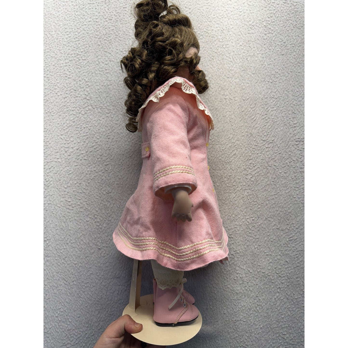 Porcelain Doll In Pink Coat W/ Lace Details & Boots On Stand 426B