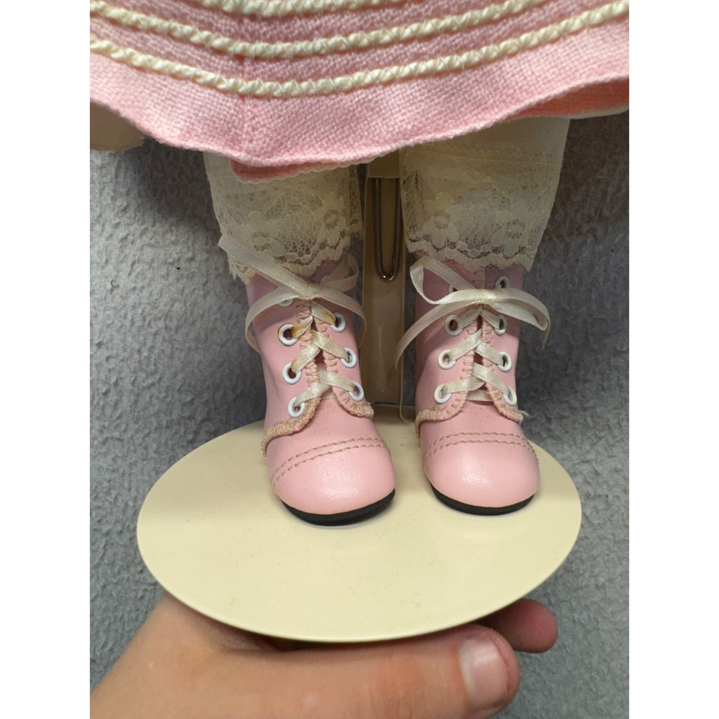 Porcelain Doll In Pink Coat W/ Lace Details & Boots On Stand 426B