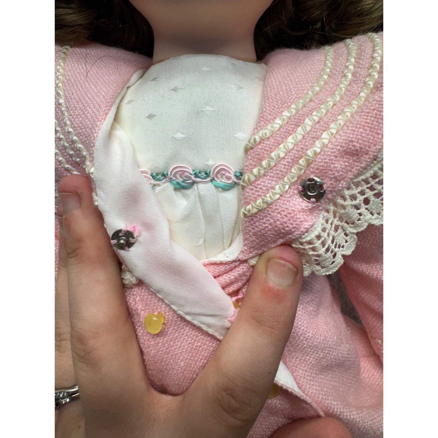 Porcelain Doll In Pink Coat W/ Lace Details & Boots On Stand 426B