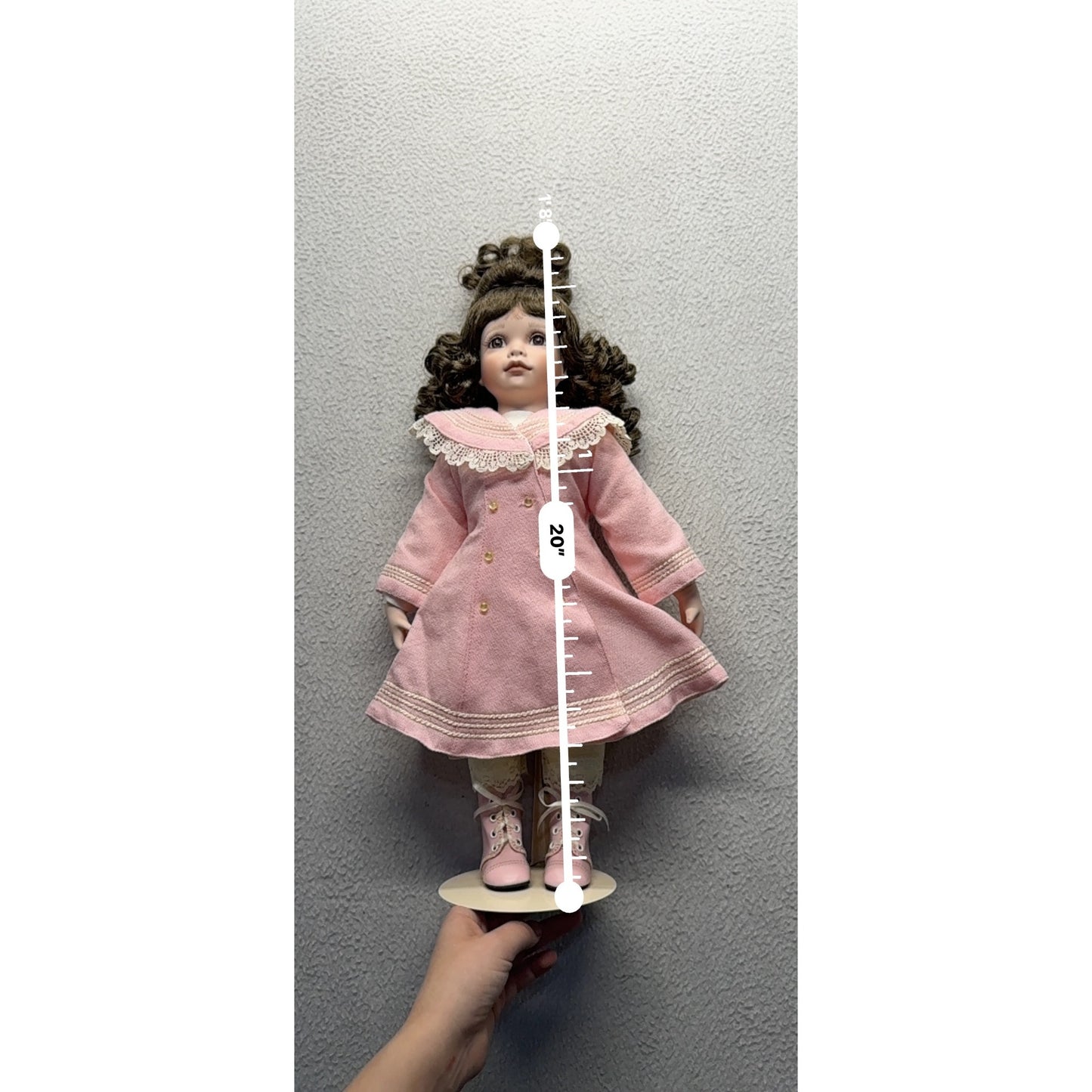 Porcelain Doll In Pink Coat W/ Lace Details & Boots On Stand 426B