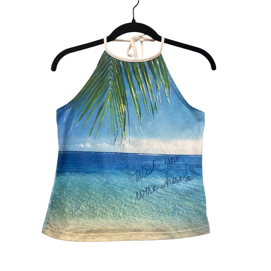 JLO By Jennifer Lopez Womens Halter Tank Top Beach Print "Wish You Were Here" #6566