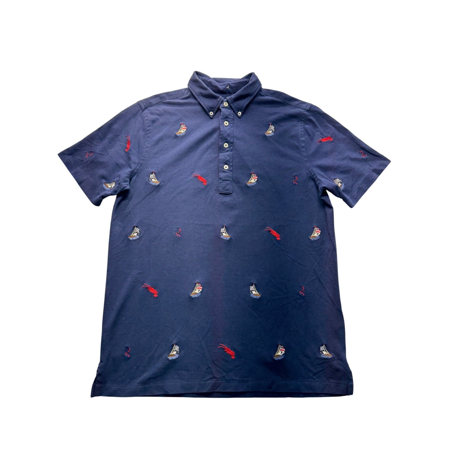 Ralph Lauren Knit Oxford Polo Shirt M Navy Embroidered Lobster & Sailboat 300B