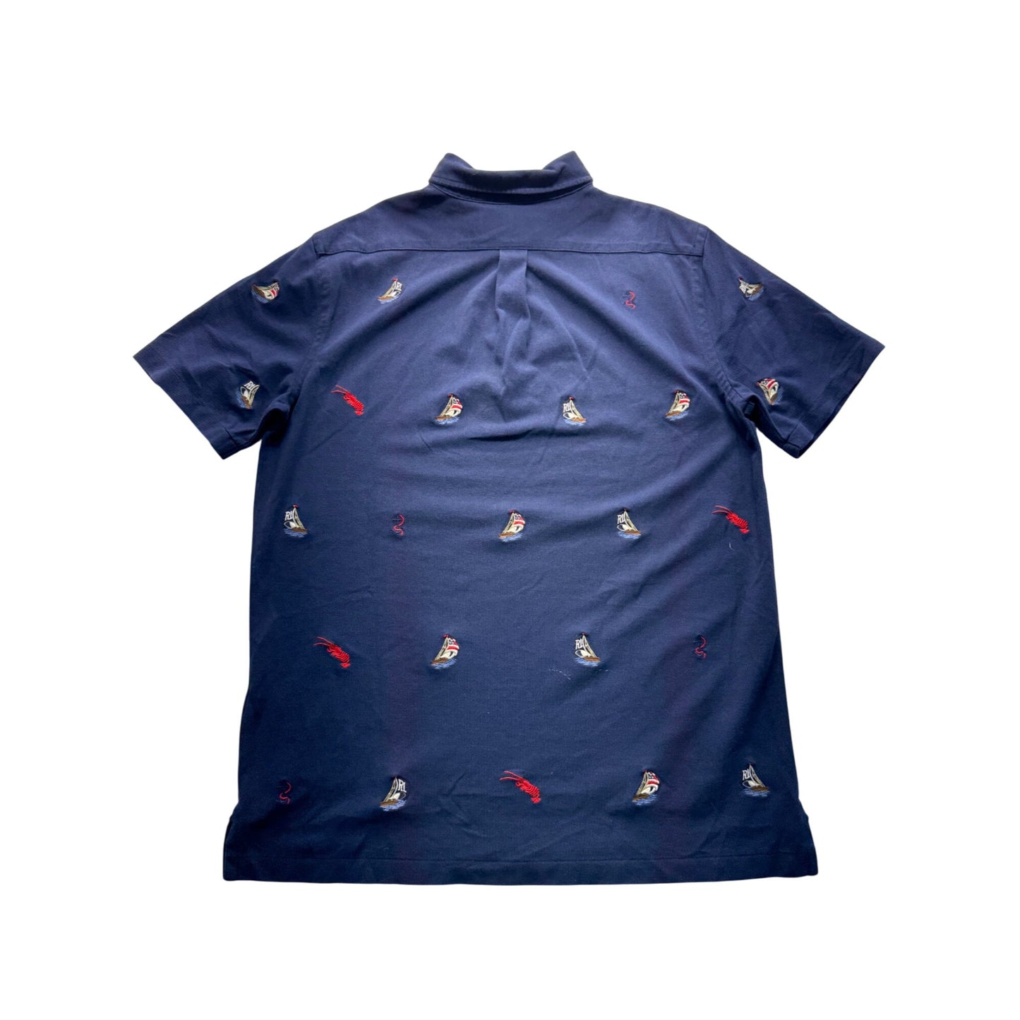 Ralph Lauren Knit Oxford Polo Shirt M Navy Embroidered Lobster & Sailboat 300B