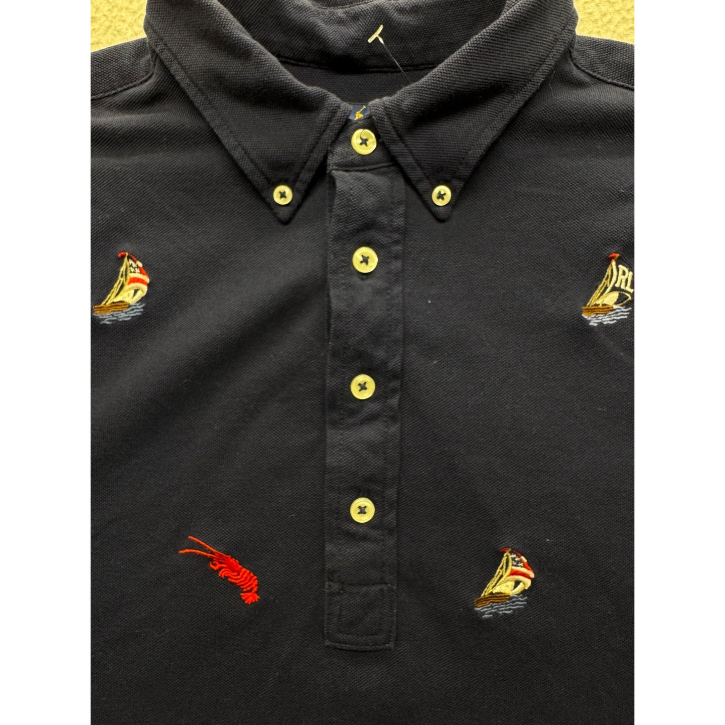 Ralph Lauren Knit Oxford Polo Shirt M Navy Embroidered Lobster & Sailboat 300B