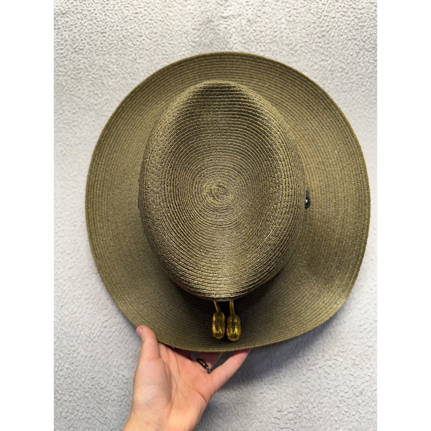 Straw Campaign Hat With Chin Strap & Gold Acorn Cord - Olive Green #9768
