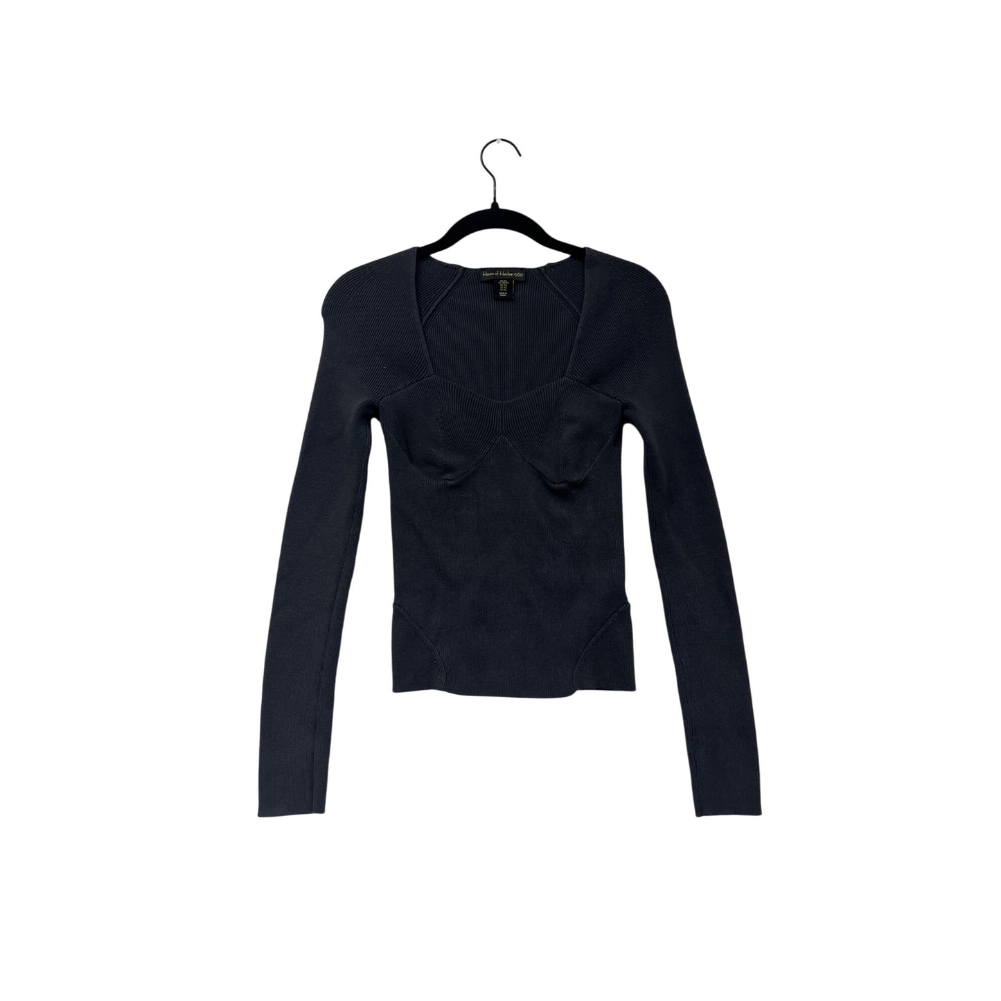 House Of Harlow 1960 Womens XS Black Long-Sleeve Ribbed Knit Fitted Top With Sweetheart Neckline #6963