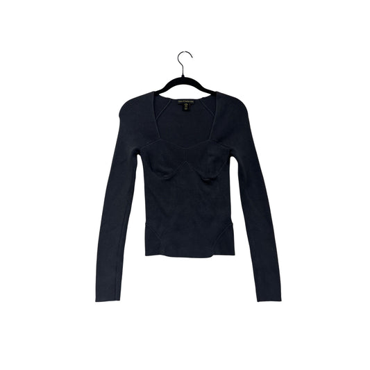 House Of Harlow 1960 Womens XS Black Long-Sleeve Ribbed Knit Fitted Top With Sweetheart Neckline #6963