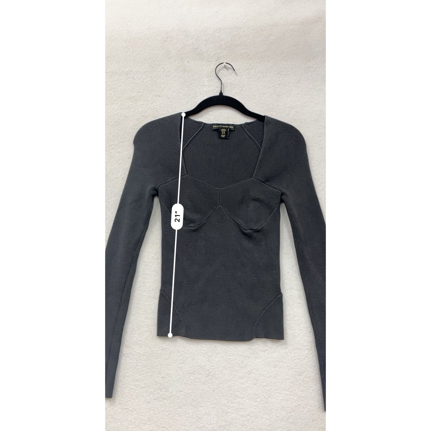 House Of Harlow 1960 Womens XS Black Long-Sleeve Ribbed Knit Fitted Top With Sweetheart Neckline #6963