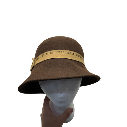 Amanda Smith Brown Felt Cloche Hat With Tan Ribbon Bow Accent #9751
