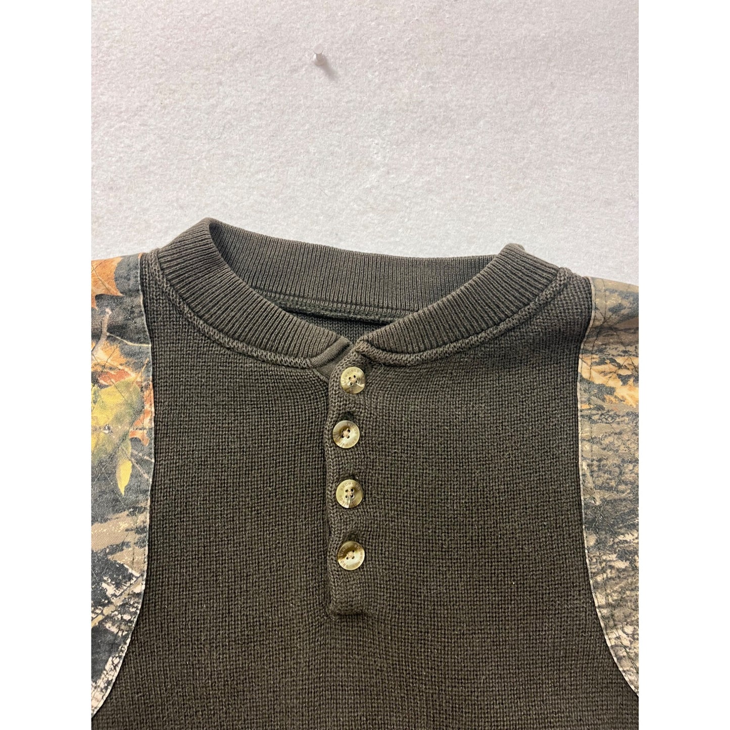 Browning Large Camo Sleeve Waffle Knit Cotton Henley Sweater #8831