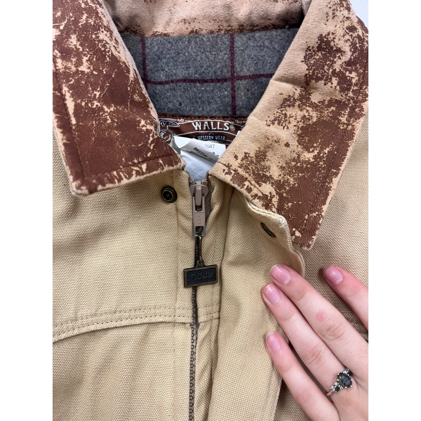 Walls Western Wear Jacket 2X Beige W/ Faux Leather Collar & Pockets #8674