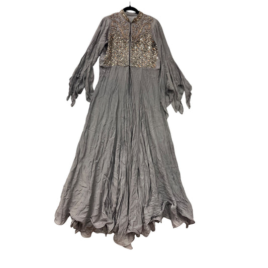 Embroidered Gray Long Anarkali Gown With Flowing Bell Sleeves & Sequins #82A