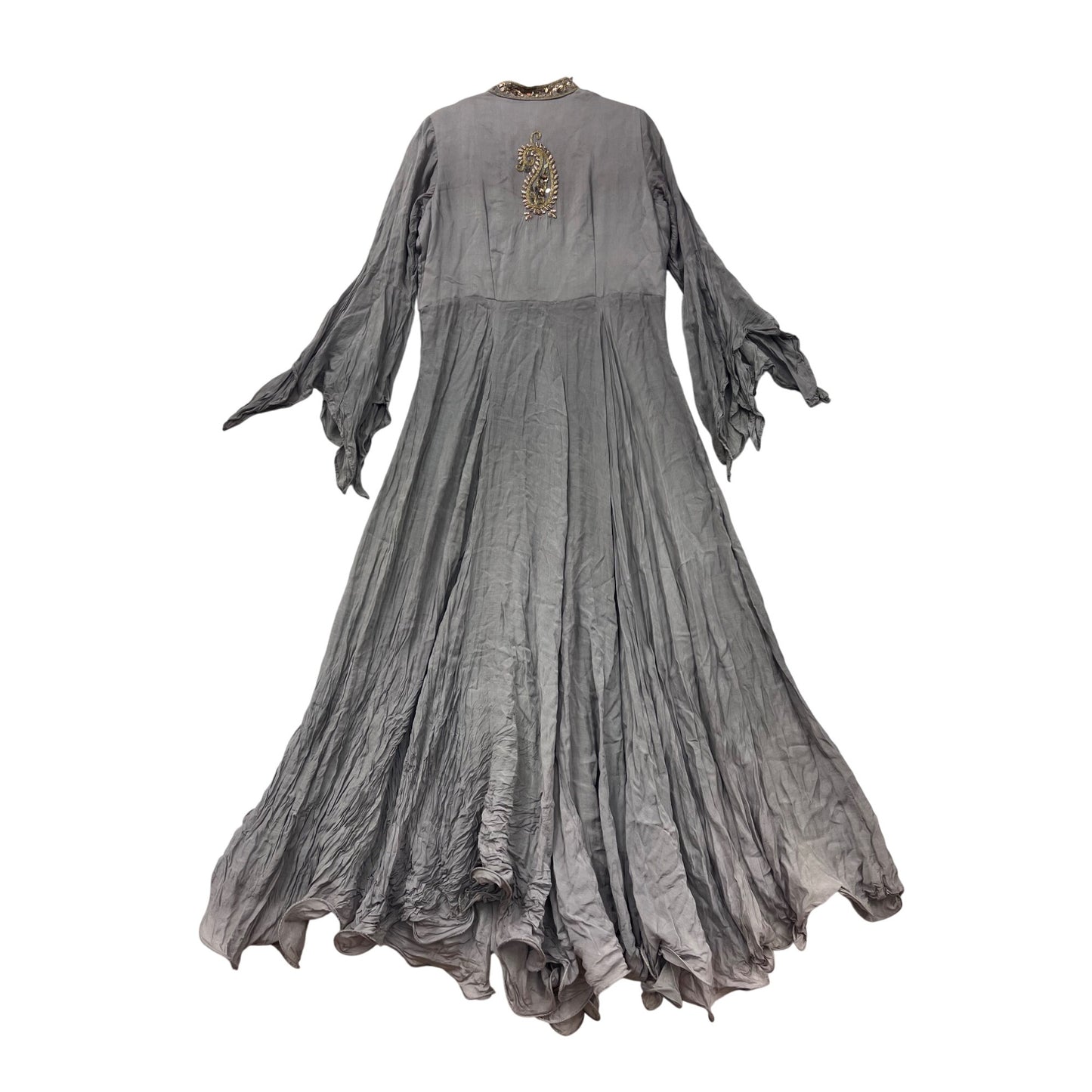 Embroidered Gray Long Anarkali Gown With Flowing Bell Sleeves & Sequins #82A