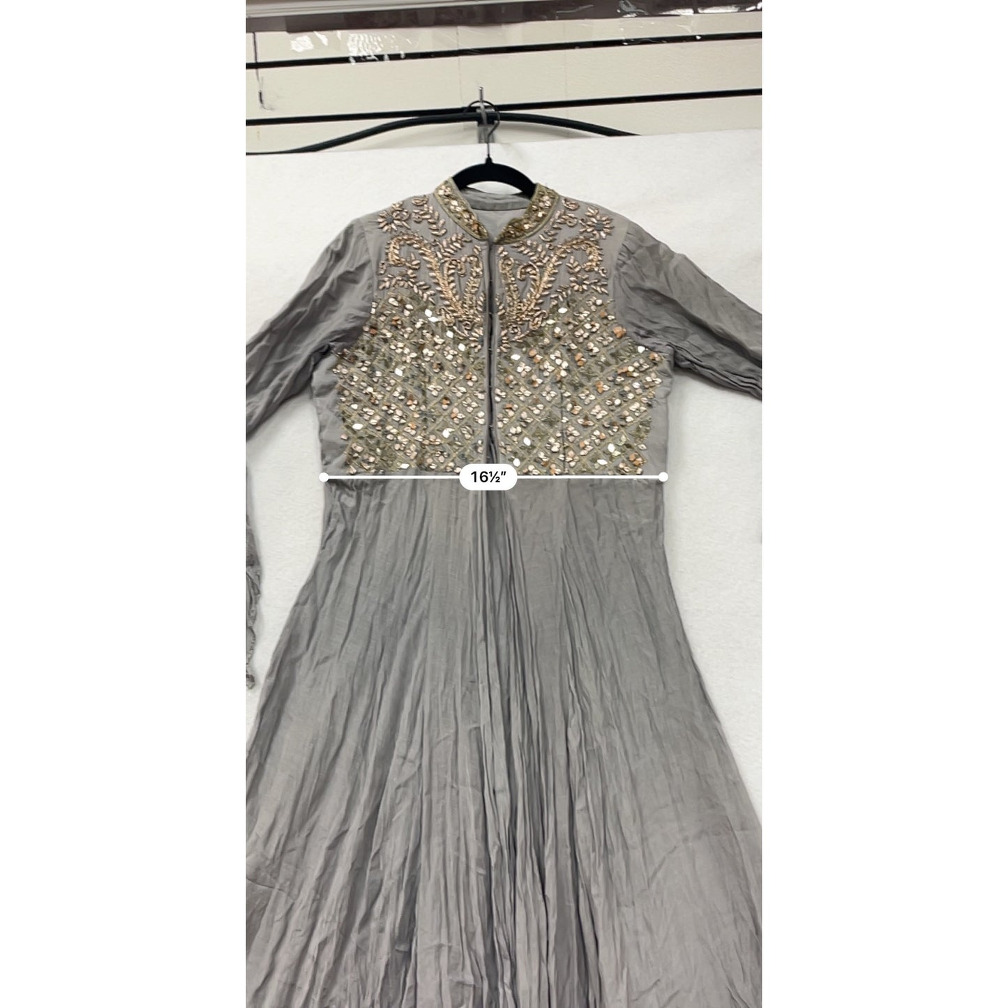 Embroidered Gray Long Anarkali Gown With Flowing Bell Sleeves & Sequins #82A