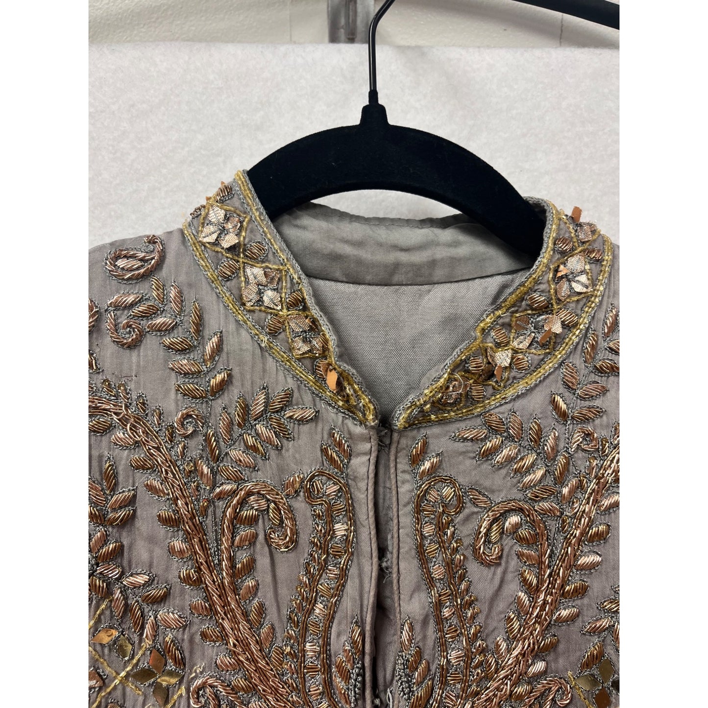 Embroidered Gray Long Anarkali Gown With Flowing Bell Sleeves & Sequins #82A