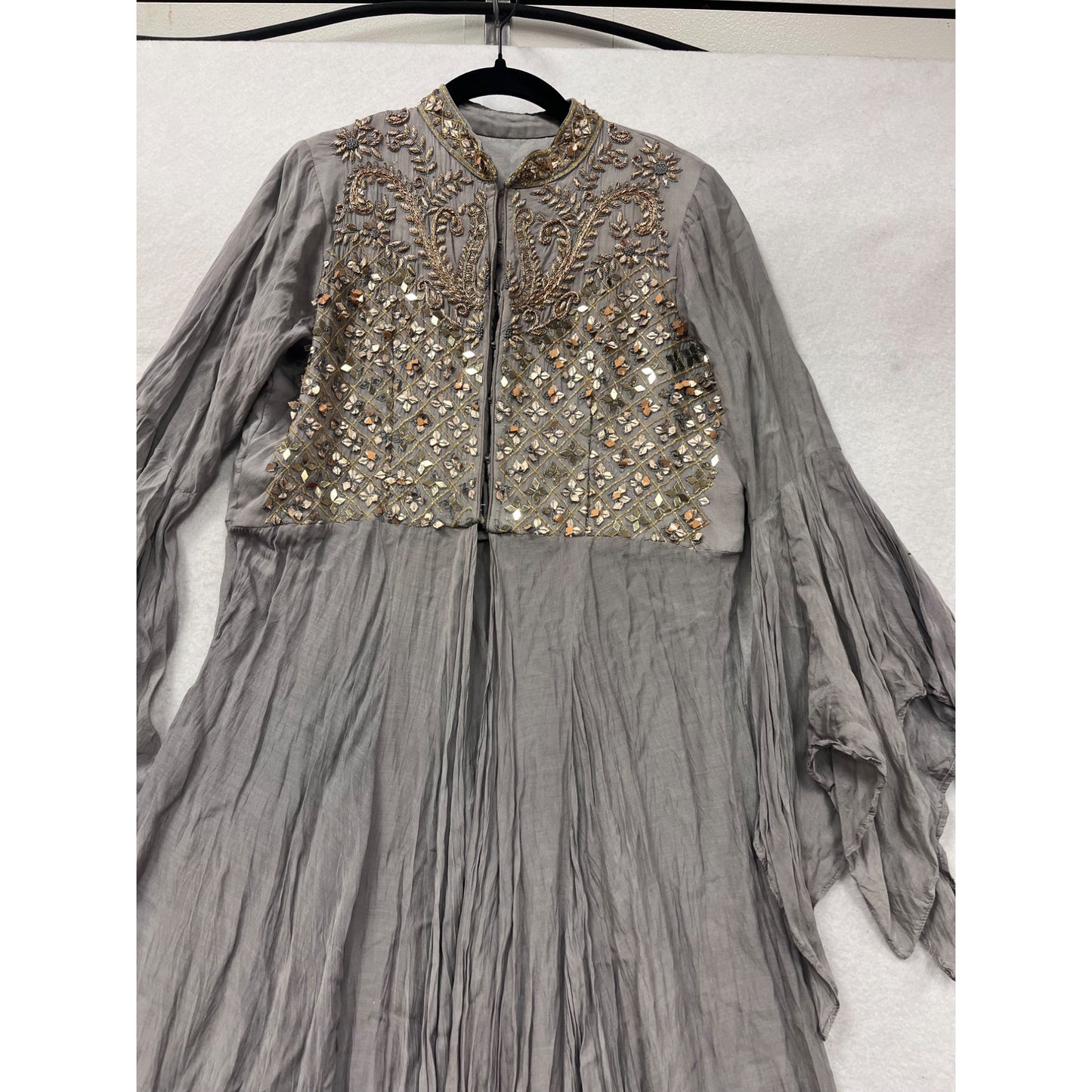 Embroidered Gray Long Anarkali Gown With Flowing Bell Sleeves & Sequins #82A