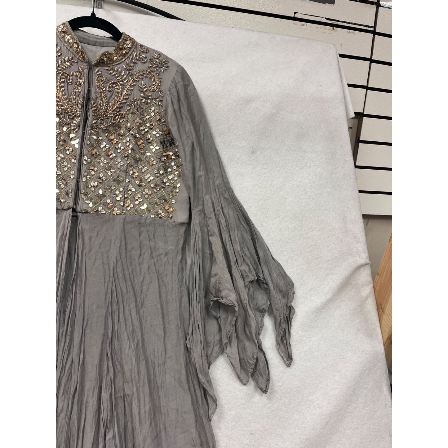 Embroidered Gray Long Anarkali Gown With Flowing Bell Sleeves & Sequins #82A
