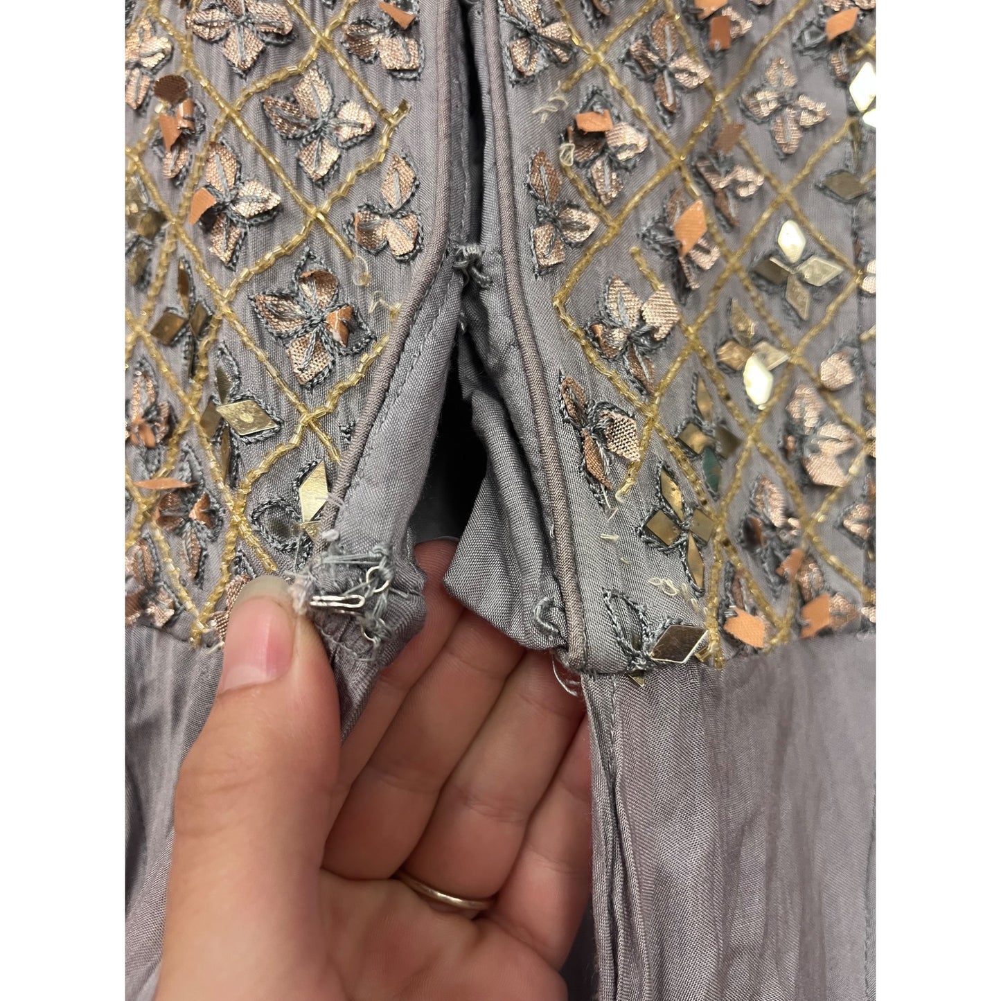 Embroidered Gray Long Anarkali Gown With Flowing Bell Sleeves & Sequins #82A