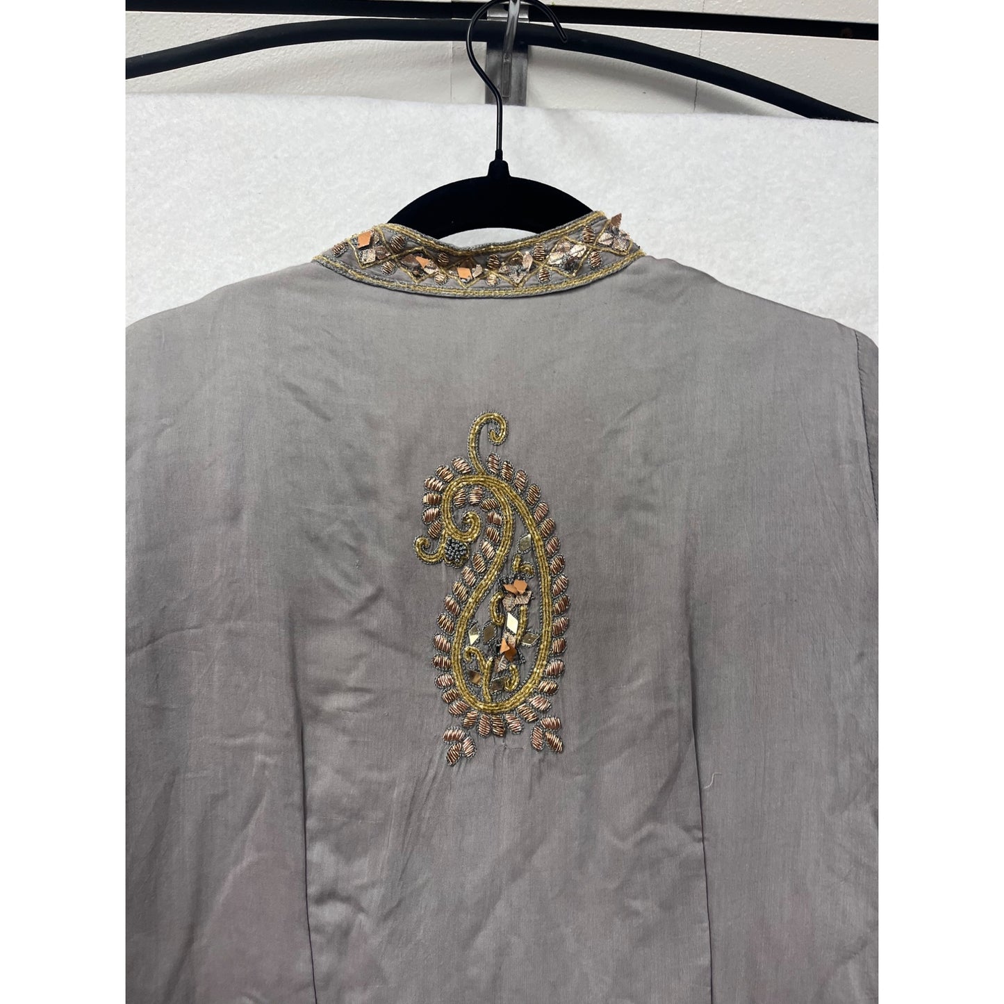 Embroidered Gray Long Anarkali Gown With Flowing Bell Sleeves & Sequins #82A